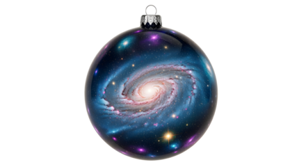 Cosmic galaxy swirls across a shimmering Christmas ornament, a celestial holiday dream.