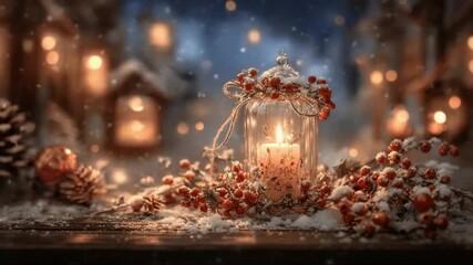 Glass lantern with candle and winter decorations in snowy setting   - Powered by Adobe