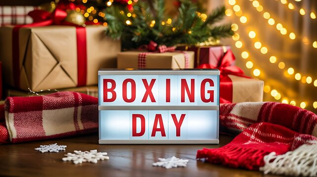 Boxing day lightbox sign with gifts and festive decorations