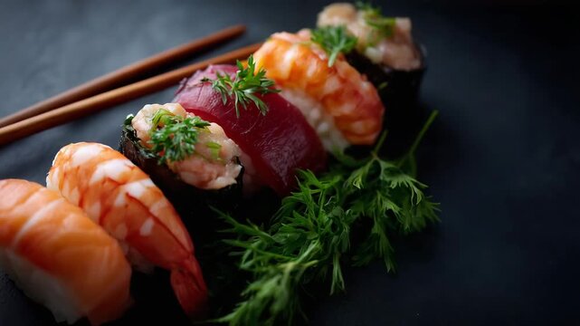 4k A flat lay of various sushi rolls and nigiri beautifully aligned in a vertical row along the left side of a dark matte background. The selection showcases fresh salmon, tuna, shrim