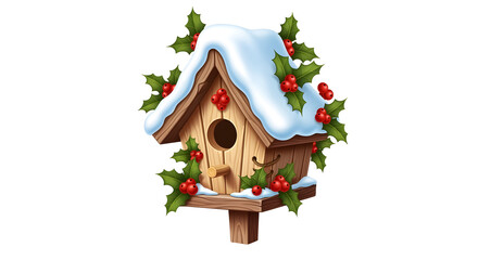 Cozy wooden birdhouse dusted with snow and adorned with festive holly for a winter wonderland scene.