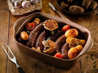 Indulge in a classic Romanian meal with juicy pork sausages, perfectly roasted golden potato wedges, and aromatic garlic, all cooked to perfection for a comforting winter feast