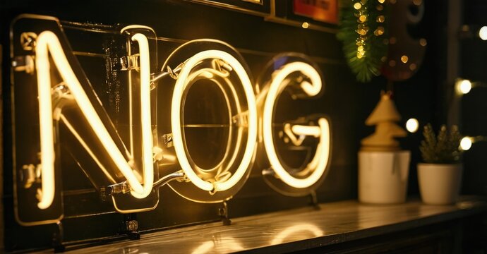 Bright neon sign spells NOG. Festive decorations visible, warm lighting creates cozy atmosphere. Wooden surface supports display.