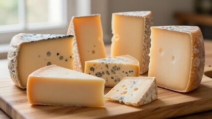 Assorted gourmet cheese slices on a wooden board in a rustic kitchen with soft natural lighting