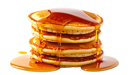 Stack of golden pancakes, syrup cascading over the fluffy layers, forming a puddle below