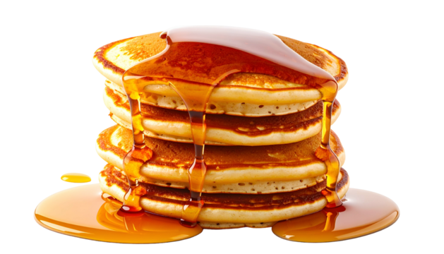 Stack of golden pancakes, syrup cascading over the fluffy layers, forming a puddle below