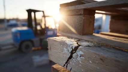 136Close-up of pallet corner with deep cracks and peeling edges, sunlight glowing through the gaps, dust floating in warm evening air - Powered by Adobe