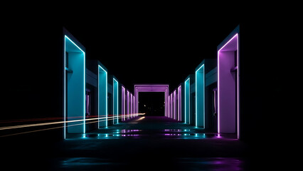 Obraz premium Futuristic neon corridor with glowing lights and reflections