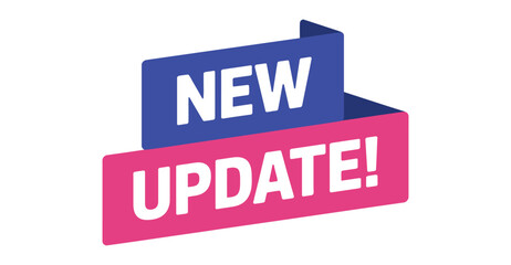   “Modern ribbon banner design featuring bold white text ‘New Update!’ on blue and pink layered shapes, perfect for announcement graphics, software release notices, promotional highlights and digital 