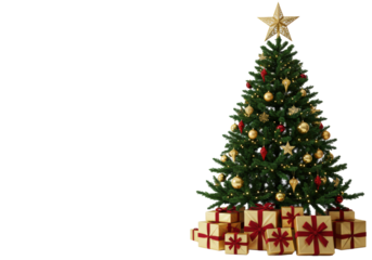 majestic symmetrical fraser fir christmas tree, decorated with reflective gold and silver baubles and ruby teardrops, premium gifts, high-key white studio background, concept of high-end holiday