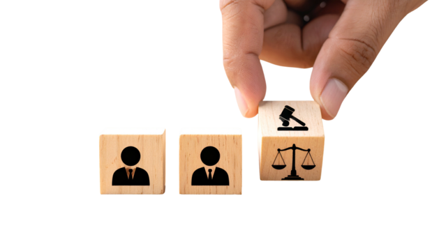 Hand places a law-themed block beside people blocks, against a black background