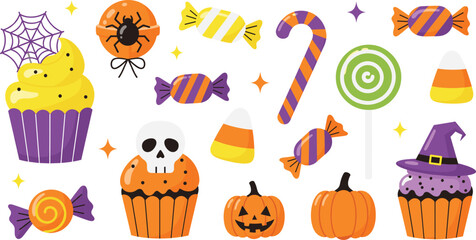 Set of Halloween Sweets and Treats Vector Illustration Featuring Candies, Lollipops, Spooky Cupcakes, Candy Corn, and Jack-O'-Lantern Pumpkins