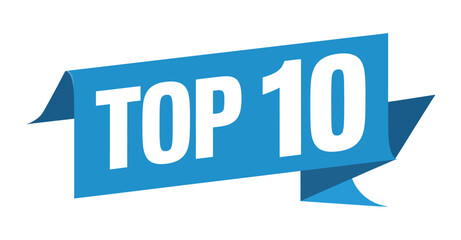  “Blue ribbon banner with bold white text reading ‘Top 10’ in modern flat style, ideal for ranking lists, best-of categories, award graphics, highlight labels, promotional designs and digital content.