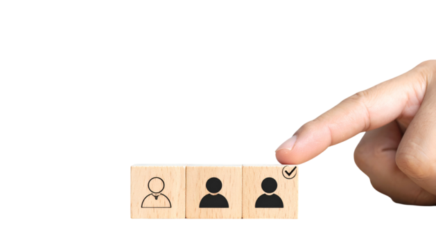 Hand selects human icon; wooden blocks illustrate a choice between three figures on black