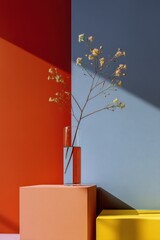 Abstract Bloom: A delicate sprig of flora, nestled in a minimalist glass vase, finds itself poised against the structured elegance of juxtaposed colored backdrops.
