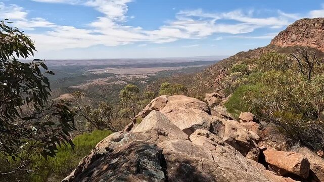 St Mary Peak Trail, Wilpena Pound: Panoramic Outback Landscapes and Rugged Red Peaks of Flinders Ranges in South Australia