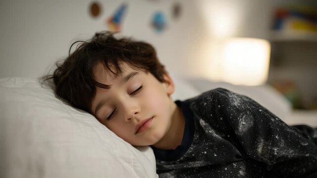 4k A small boy resting comfortably on his pillow, eyes closed, fully asleep in a warm ambient light. He lies curled gently on his side, dressed in patterned space
