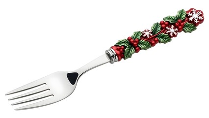 Holly berry and snowflake adorned fork, festive holiday dinnerware for seasonal celebrations on white. isolated on transparent background