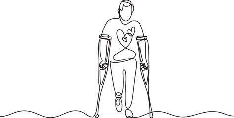 Disability man with love continuous one line drawing. Disabled people with armpit crutches concept. one line Icon drawing
