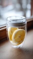 Fresh lemon slices in glass cup on wooden window sill