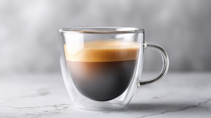 Naklejka premium Double-walled glass mug with fresh espresso on marble surface
