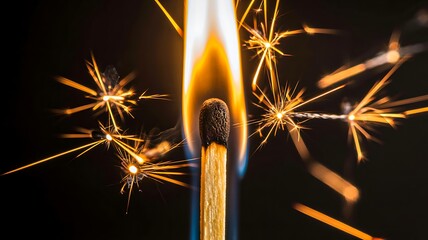 Burning match with bright flame and flying sparks on dark background
