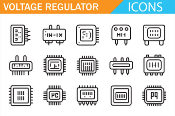 Fototapeta premium Voltage regulator and electronic microchip outline icon set for power control systems