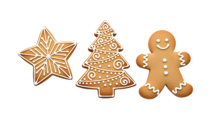 Festive gingerbread cookies shaped like a star, Christmas tree, and a happy gingerbread man, decorated with white icing.