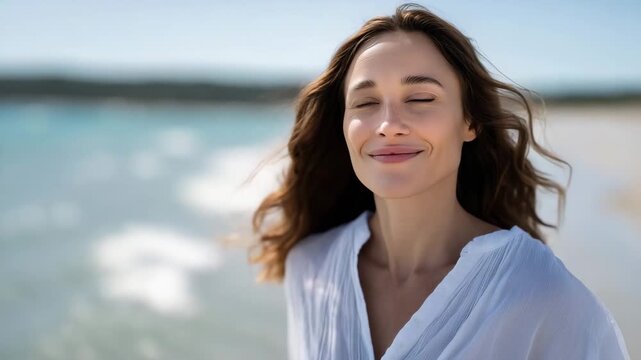 4k cheerful woman walking along the shoreline, her face gently lifted toward the sunlight, eyes half-closed from the warm glow. Her flowing hair moves freely in the coastal breeze