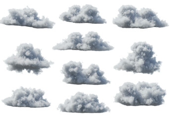 Twelve volumetric, hyperrealistic cumulus clouds arranged in a grid against a transparent background, showing detailed textures and volumetric light. Concept for technical meteorological visualization