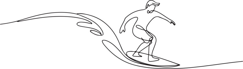 Naklejka premium Man playing surfboard on beach continuous line drawing. Sport and adventure concept. Vector illustration minimalist design. one line Icon drawing