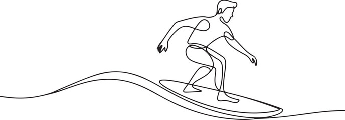 Man playing surfboard on beach continuous line drawing. Sport and adventure concept. Vector illustration minimalist design. one line Icon drawing
