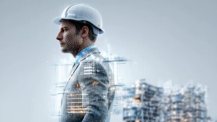 Back view of a professional manager engineer in a hard hat overseeing a civil engineering project with a digital overlay of a modern urban skyline - Powered by Adobe
