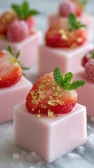 Delicate pink desserts with strawberries, raspberries, edible gold, and mint garnish