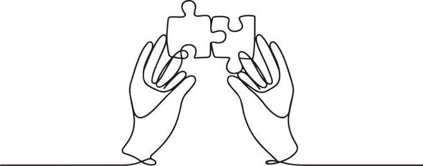 One Line Drawing Two Hands Holding Puzzle Piece. Teamwork Connection Symbol Vector. one line Icon drawing