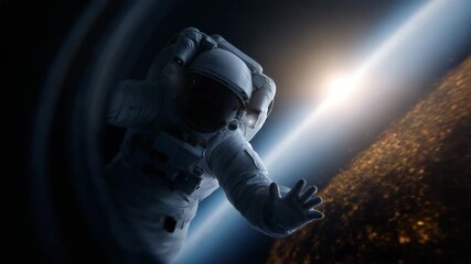 4k lone astronaut floating in open space directly outside a spacecraft, viewed through a rounded spacecraft window. The astronaut is wearing a white EVA suit with detailed textures - Powered by Adobe