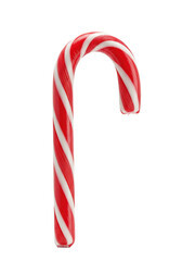 A macro close-up of a glossy, pristine, red and white striped candy cane with a defined j-hook, isolated on a high-key white background with soft studio light. Classic christmas sweet concept