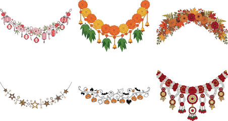 Collection of decorative garlands with flowers, butterflies, moons and stars isolated on transparent background