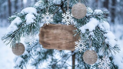Snowy pine branch adorned with rustic Christmas ornaments and a blank wooden sign in a winter forest.