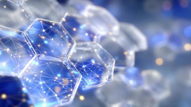278Close-up view of a geometric hexagonal array in vibrant blue, soft reflections on surfaces, transparent schematic overlay illustrating network pathways