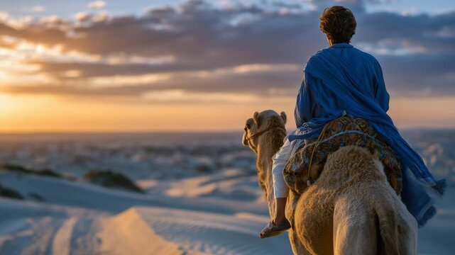 279Close-up rear view of a man riding a camel across golden sand dunes, warm sunset light casting long shadows, serene desert landscape stretching into the horizon