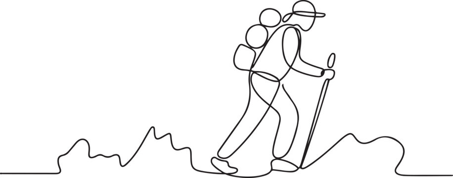 Continuous one-line drawing of a hiker navigating rough terrain with a backpack and walking stick. one line Icon drawing