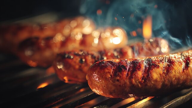Grilled sausages cooked to perfection on a barbecue, with smoke rising in the air and a warm, inviting glow enhancing the outdoor cooking experience