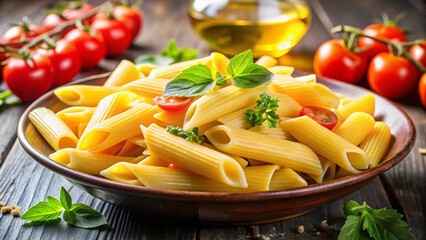 Delicious Italian penne pasta with red tomato sauce and fresh vegetables served as a healthy gourmet dinner dish on a white plate