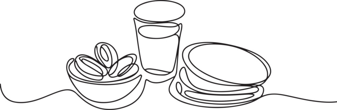 fast breaking dish for iftar in one single continuous line drawing style isolated. one line Icon drawing
