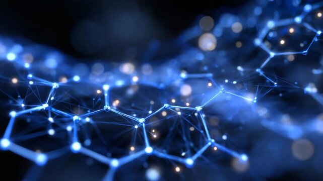 286Extreme close-up of glossy blue hexagons, digital overlay highlighting the interconnection of elements forming a complex network, dark matte background