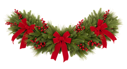 Festive evergreen garland adorned with vibrant red bows and berries, perfect for holiday decorating.