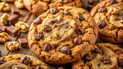 Freshly baked homemade chocolate chip cookies on a rustic wooden table create a delicious sweet snack or tasty dessert from the bakery