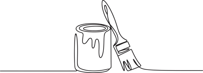 Continuous line drawing of paint can and brush . Vector illustration isolated. Minimalist design handdrawn. one line Icon drawing © firoz