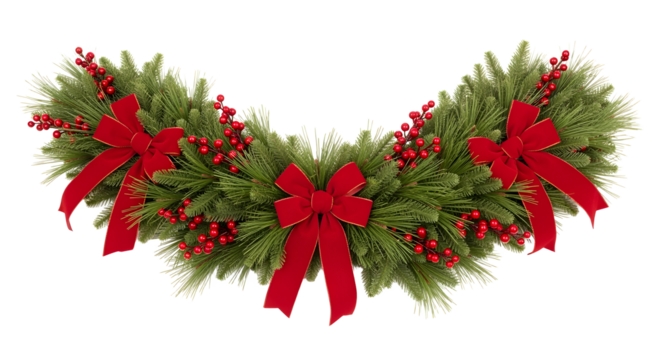 Festive evergreen garland adorned with vibrant red bows and berries, perfect for holiday decorating.